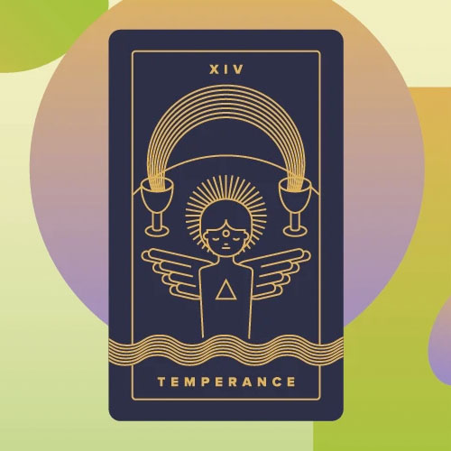 Temperance Tarot Card. <br>
      On the Temperance card, there is an angel with wings, Everything about this card represents balance, the perfect harmony that comes from the union of dualities. Her advice is to test any new waters, before jumping into the deep end.
