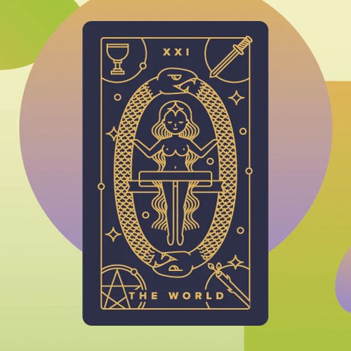 The World Tarot Card. <br>
      The World card in the tarot deck has a dancing figure at the centre. The dancing figure on the card has one leg crossed over the other and holds a wand in either hand. She symbolises balance and evolution in movement. The fulfilment and unity that she represents is not one that is static, but ever-changing, dynamic and eternal. 
