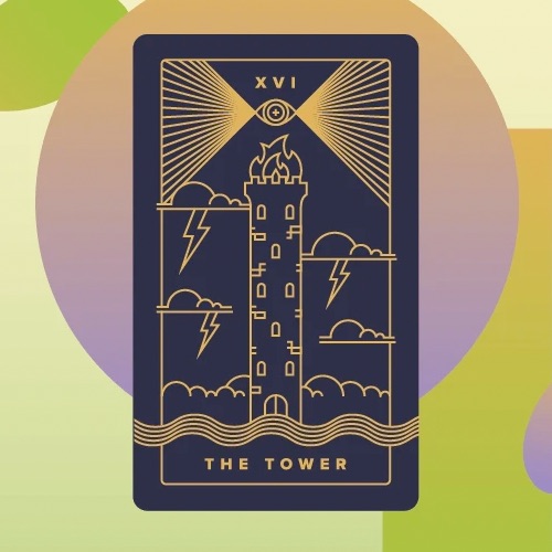 The Tower Tarot Card. <br> 
      The Tower card depicts a high spire nestled on top of the mountain. A lightning bolt strikes the tower which sets it ablaze. Flames are bursting in the windows and people are jumping out of the windows as an act of desperation, The Tower is a symbol for the ambition that is constructed on faulty premises.